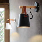Nordic Wooden Wall Light with Leather Strap and Metal Bucket Shade