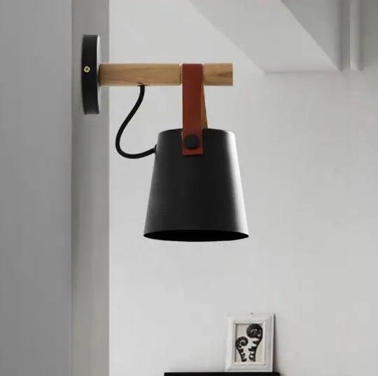 Nordic Wooden Wall Light with Leather Strap and Metal Bucket Shade