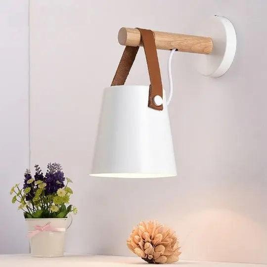 Nordic Wooden Wall Light with Leather Strap and Metal Bucket Shade