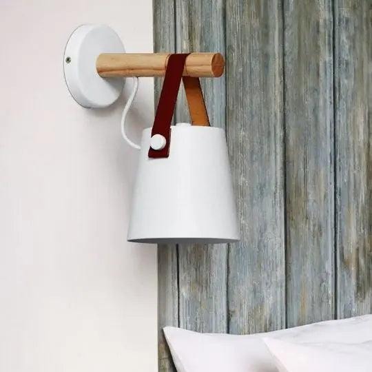 Nordic Wooden Wall Light with Leather Strap and Metal Bucket Shade