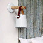Nordic Wooden Wall Light with Leather Strap and Metal Bucket Shade