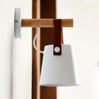 Nordic Wooden Wall Light with Leather Strap and Metal Bucket Shade
