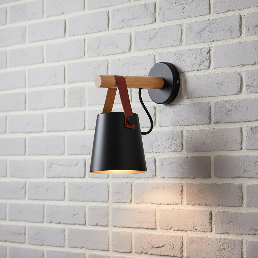 Nordic Wooden Wall Light with Leather Strap and Metal Bucket Shade