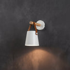 Nordic Wooden Wall Light with Leather Strap and Metal Bucket Shade