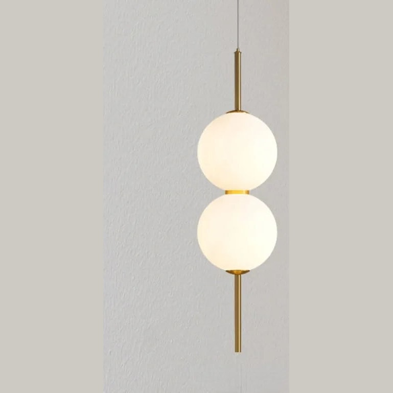 Opal Glass Globe Pendant Light with Brass Stem | Stacked Ball Bedside Pendant