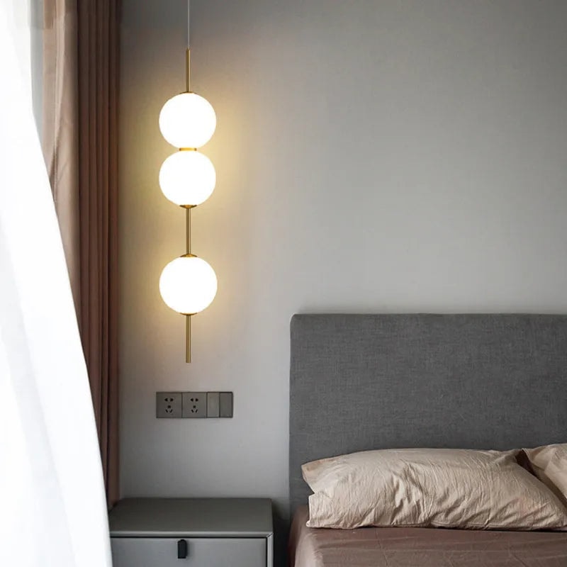 Opal Glass Globe Pendant Light with Brass Stem | Stacked Ball Bedside Pendant