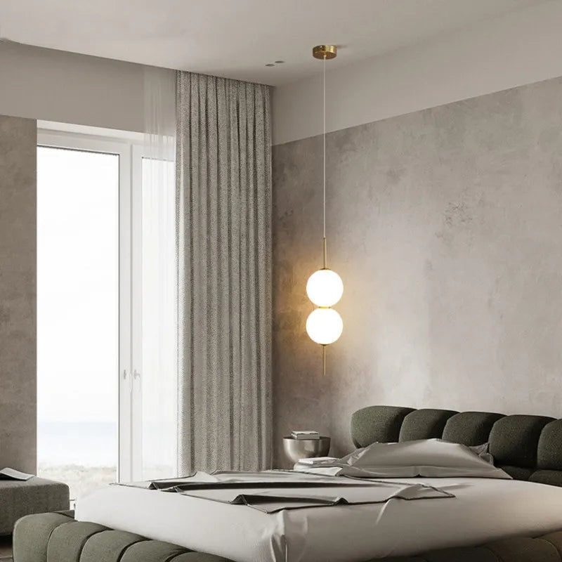 Opal Glass Globe Pendant Light with Brass Stem | Stacked Ball Bedside Pendant