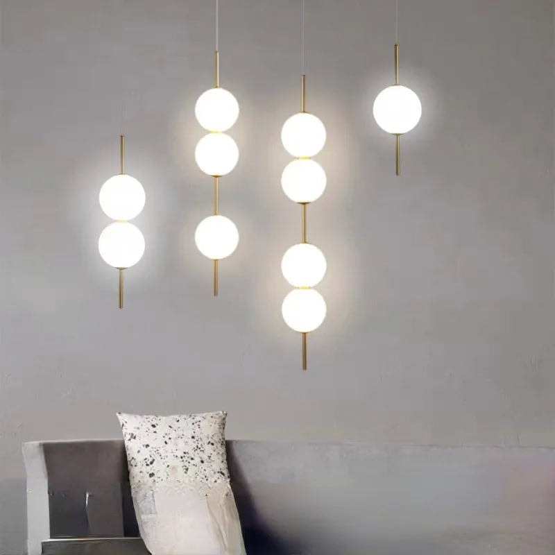 Opal Glass Globe Pendant Light with Brass Stem | Stacked Ball Bedside Pendant