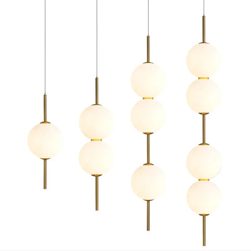 Opal Glass Globe Pendant Light with Brass Stem | Stacked Ball Bedside Pendant