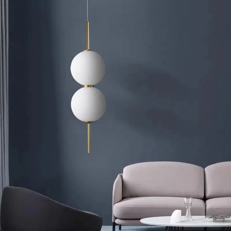 Opal Glass Globe Pendant Light with Brass Stem | Stacked Ball Bedside Pendant