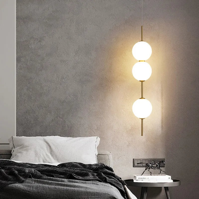Opal Glass Globe Pendant Light with Brass Stem | Stacked Ball Bedside Pendant