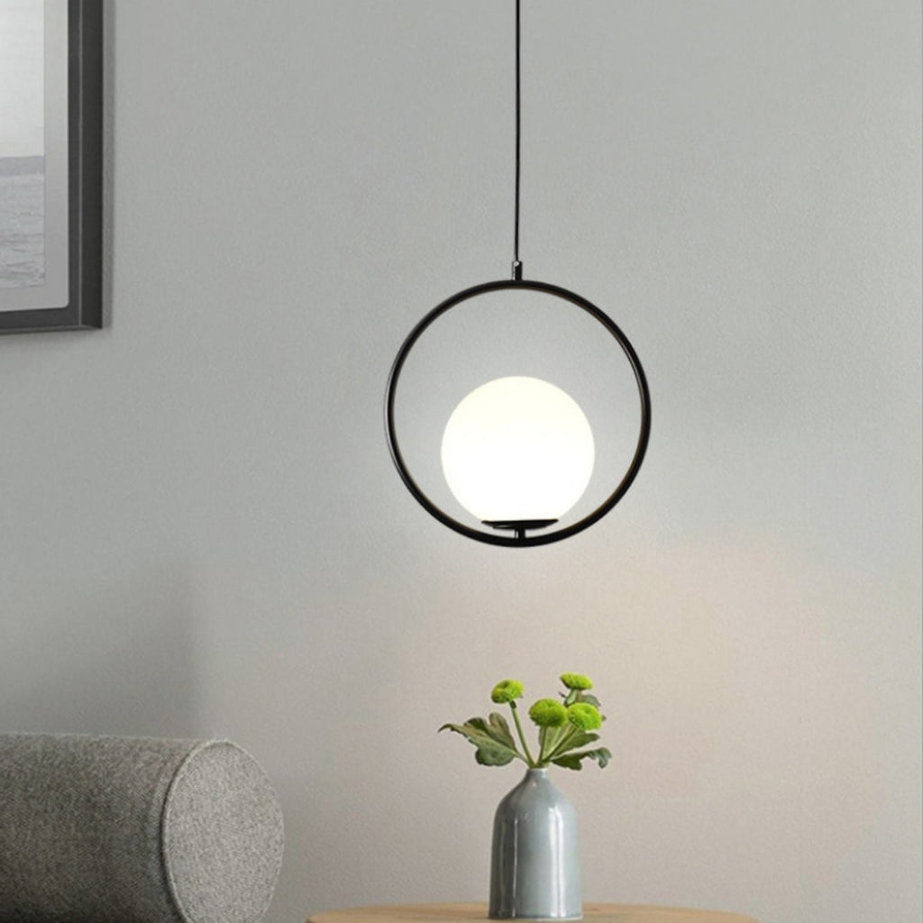 Opal Glass Globe Pendant Light with Oval or Round Metal Frame