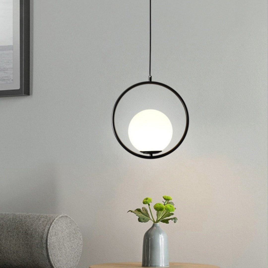Opal Glass Globe Pendant Light with Oval or Round Metal Frame