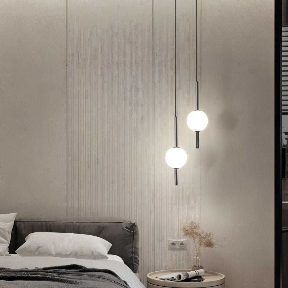 Opal Globe Pendant Light with Slim Metal Rod | Minimalist Bedside Pendant Lamp