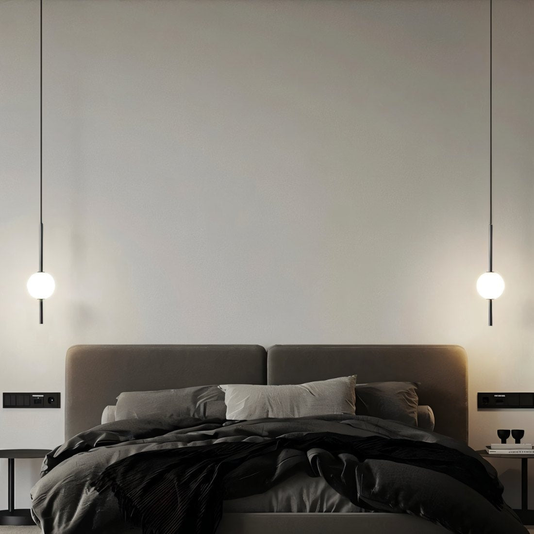 Opal Globe Pendant Light with Slim Metal Rod | Minimalist Bedside Pendant Lamp