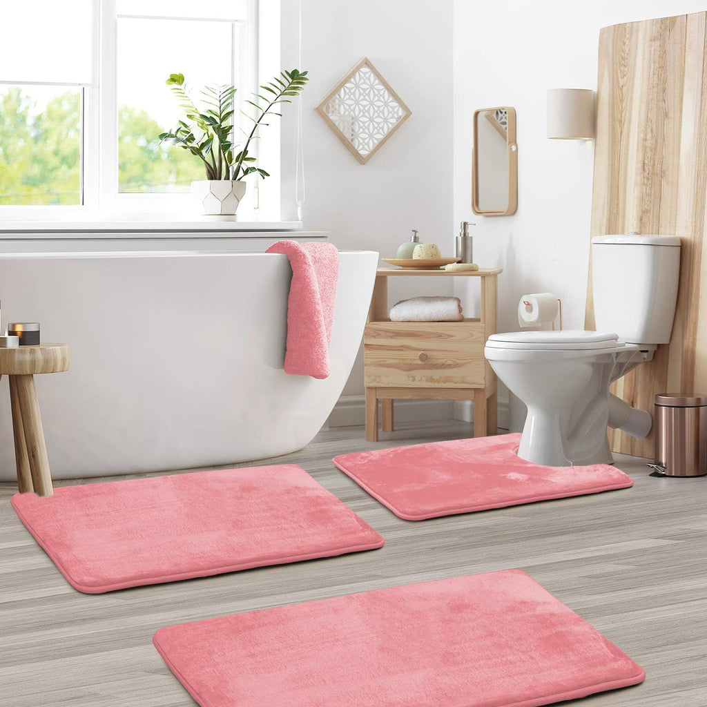 Memory Foam Bath Mat Set Three Piece Velvet Bathroom Rug Set with Contour Toilet Mat Absorbent Non Slip Machine Washable