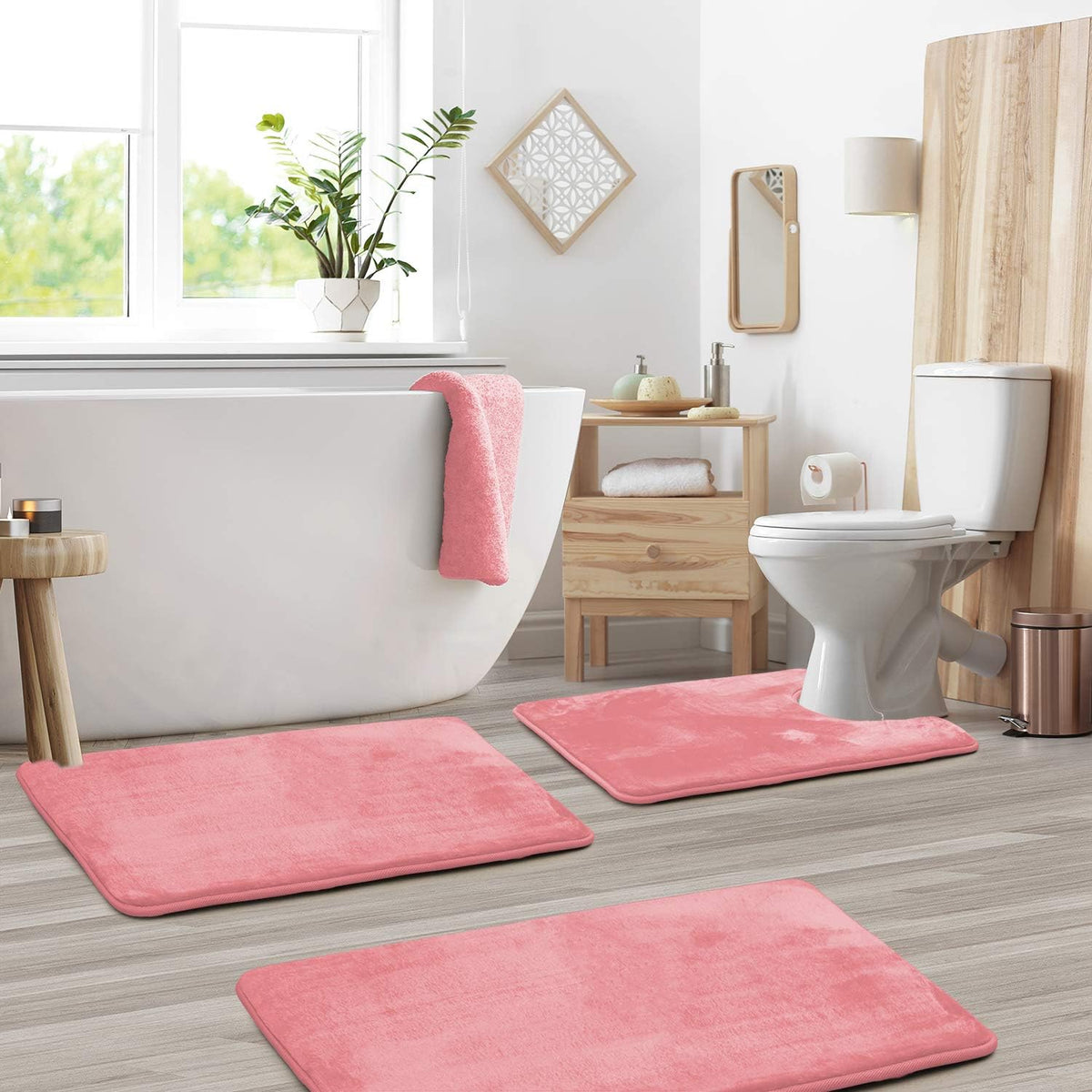 Memory Foam Bath Mat Set Three Piece Velvet Bathroom Rug Set with Contour Toilet Mat Absorbent Non Slip Machine Washable