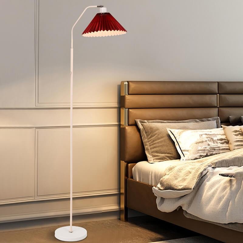Pleated Fabric Shade Floor Lamp with Curved Metal Arm for Living Room