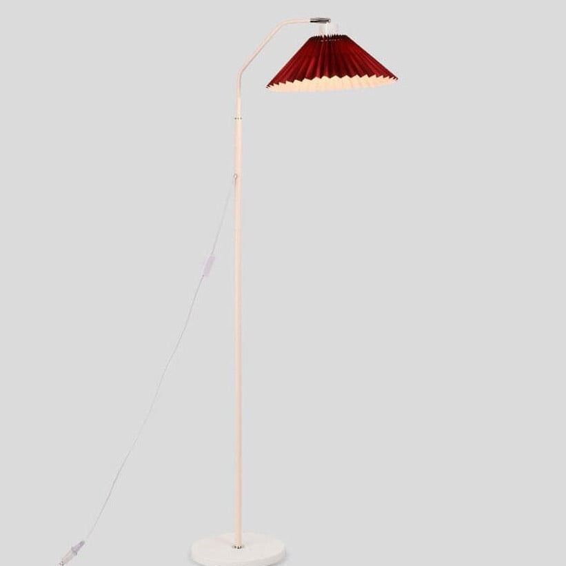 Pleated Fabric Shade Floor Lamp with Curved Metal Arm for Living Room