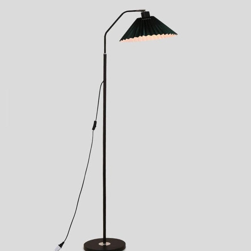 Pleated Fabric Shade Floor Lamp with Curved Metal Arm for Living Room