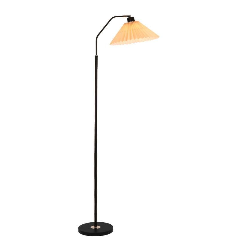Pleated Fabric Shade Floor Lamp with Curved Metal Arm for Living Room