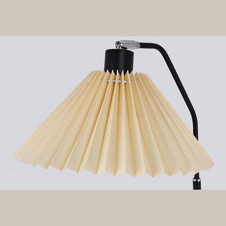 Pleated Fabric Shade Floor Lamp with Curved Metal Arm for Living Room