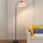 Pleated Fabric Shade Floor Lamp with Curved Metal Arm for Living Room