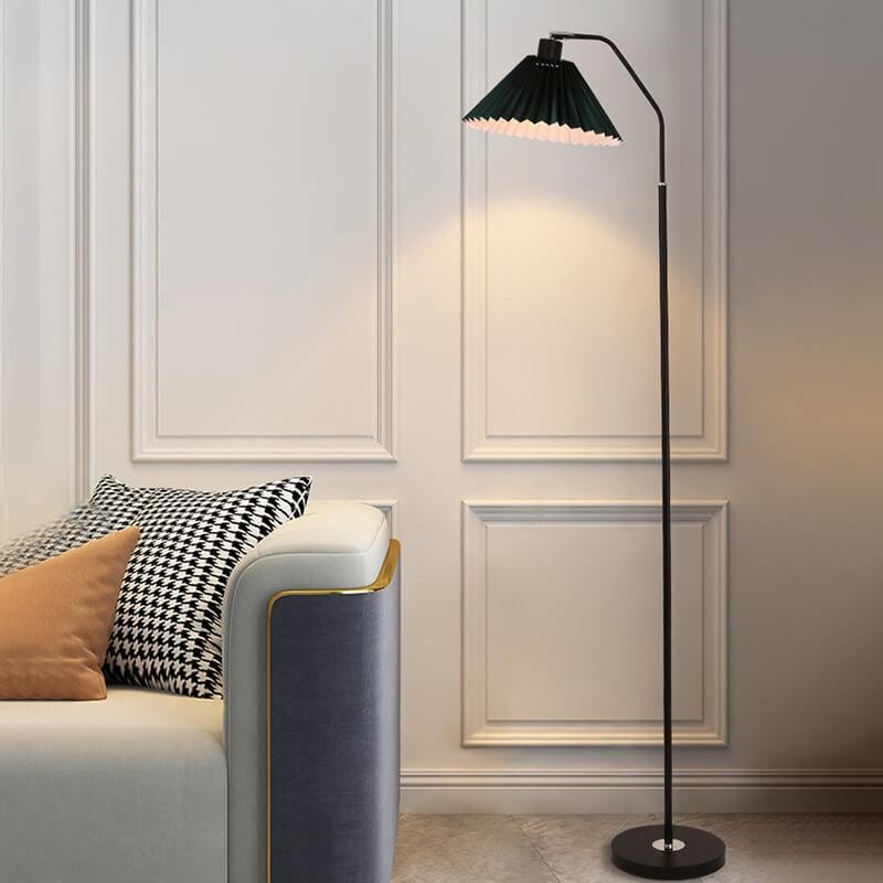Pleated Fabric Shade Floor Lamp with Curved Metal Arm for Living Room