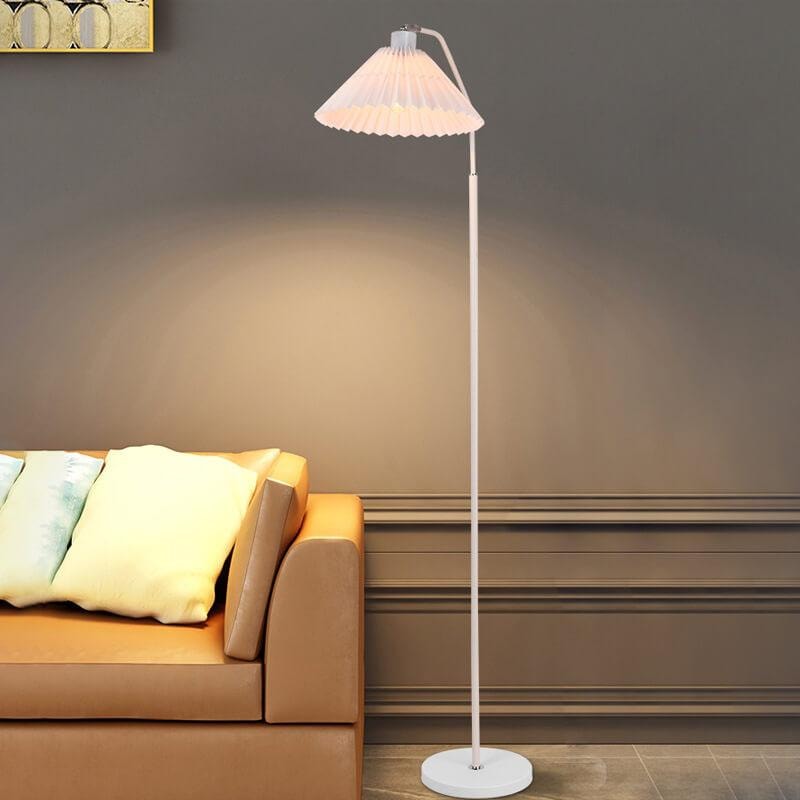 Pleated Fabric Shade Floor Lamp with Curved Metal Arm for Living Room