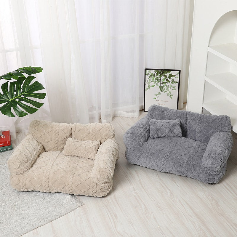 Plush Pet Sofa Bed with Raised Sides and Bolster Cushion for Dogs and Cats