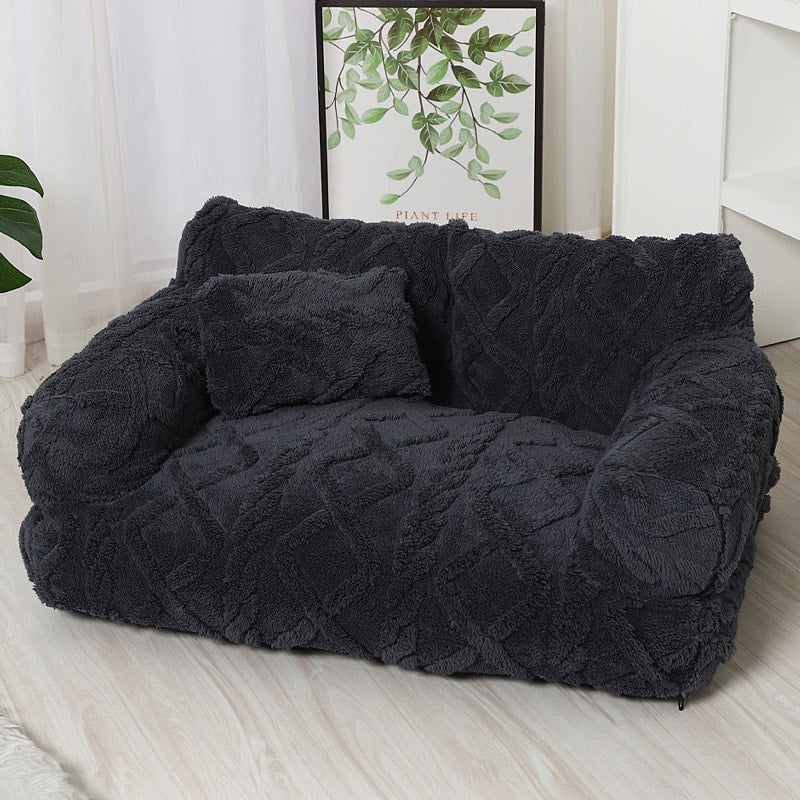 Plush Pet Sofa Bed with Raised Sides and Bolster Cushion for Dogs and Cats