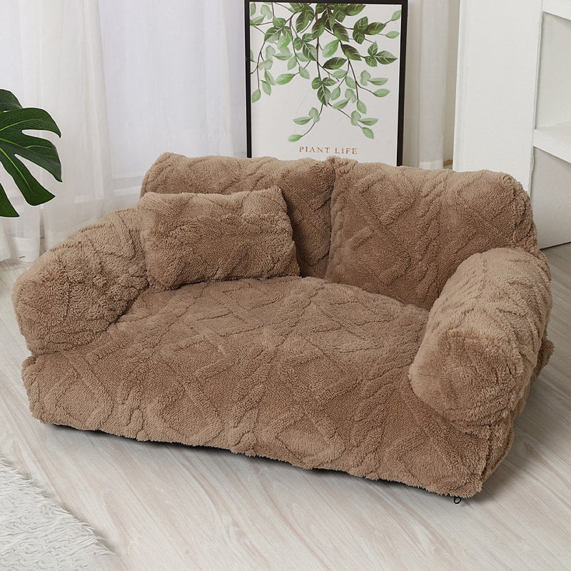 Plush Pet Sofa Bed with Raised Sides and Bolster Cushion for Dogs and Cats