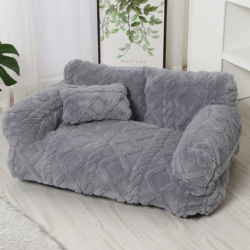 Plush Pet Sofa Bed with Raised Sides and Bolster Cushion for Dogs and Cats