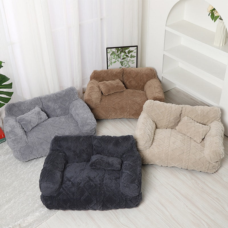Plush Pet Sofa Bed with Raised Sides and Bolster Cushion for Dogs and Cats