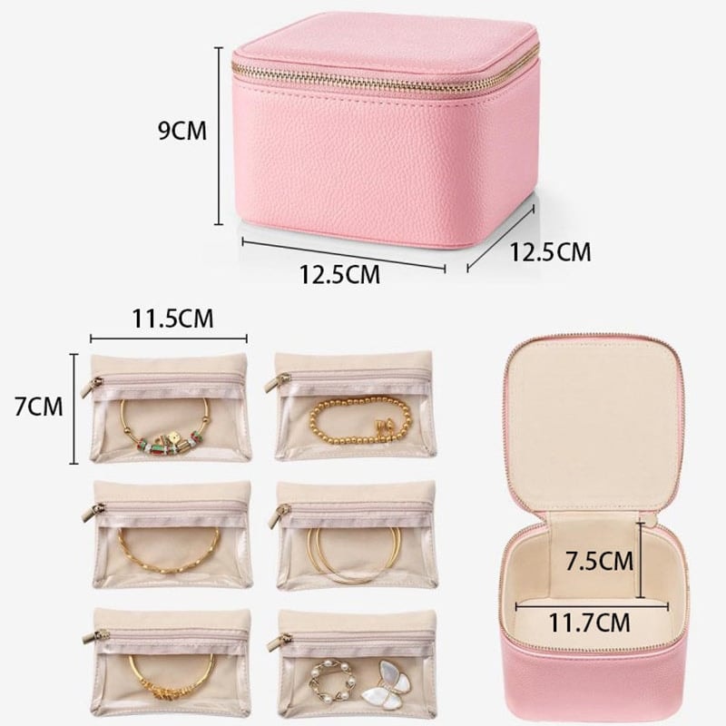Portable Jewellery Organiser Faux Leather Travel Case with Clear Zip Pouches