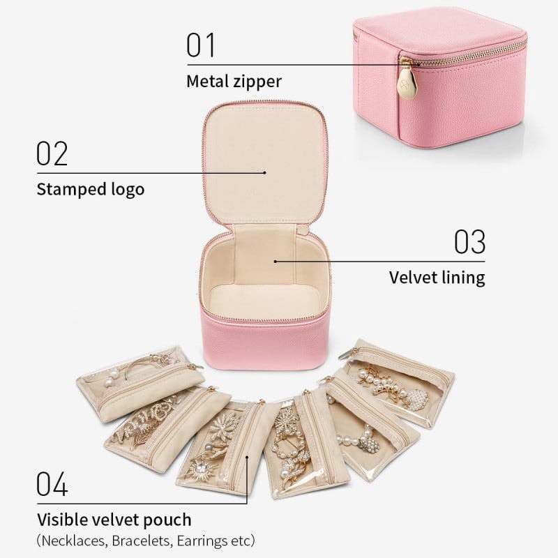 Portable Jewellery Organiser Faux Leather Travel Case with Clear Zip Pouches