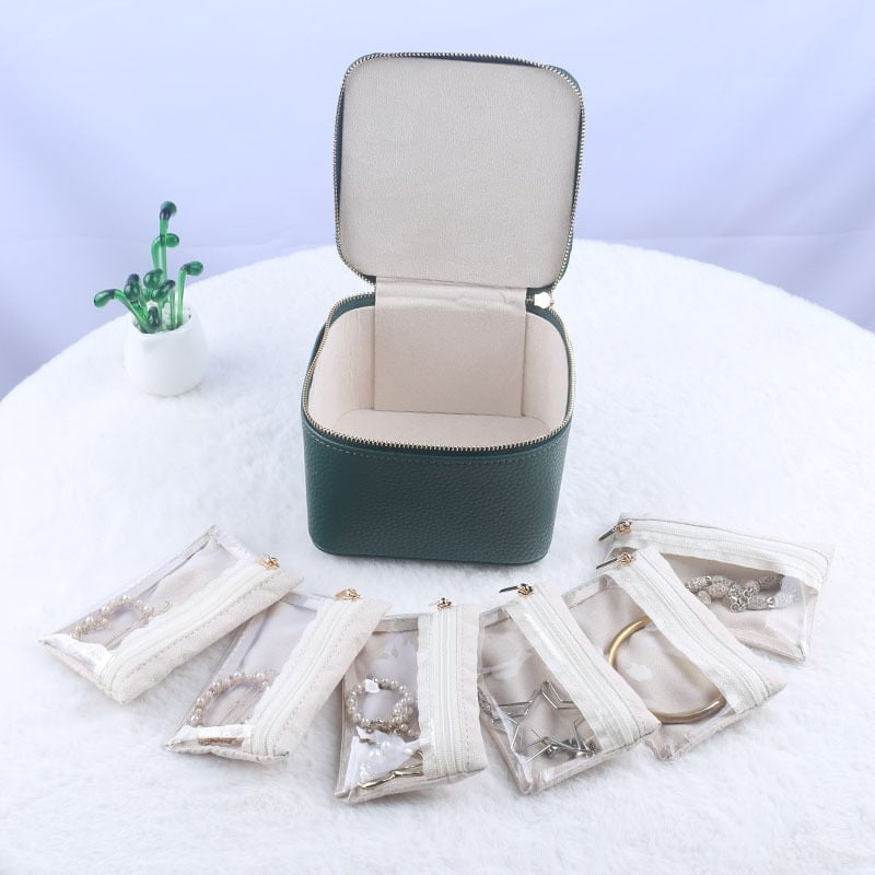 Portable Jewellery Organiser Faux Leather Travel Case with Clear Zip Pouches