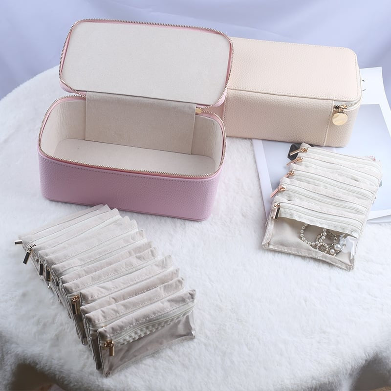 Portable Jewellery Organiser Faux Leather Travel Case with Clear Zip Pouches
