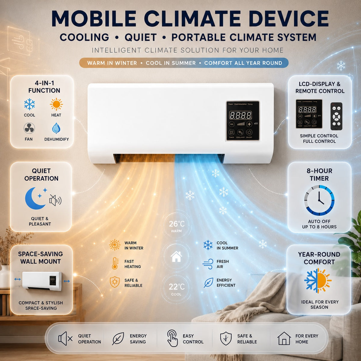 Quiet Wall Mounted Electric Fan Heater with Remote Control and Timer