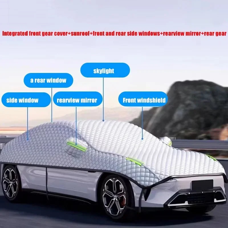 Quilted Half Car Cover Waterproof Roof and Window Protector with Mirror Covers