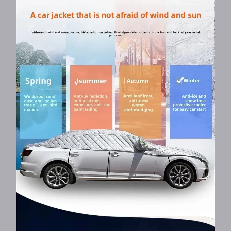 Quilted Half Car Cover Waterproof Roof and Window Protector with Mirror Covers