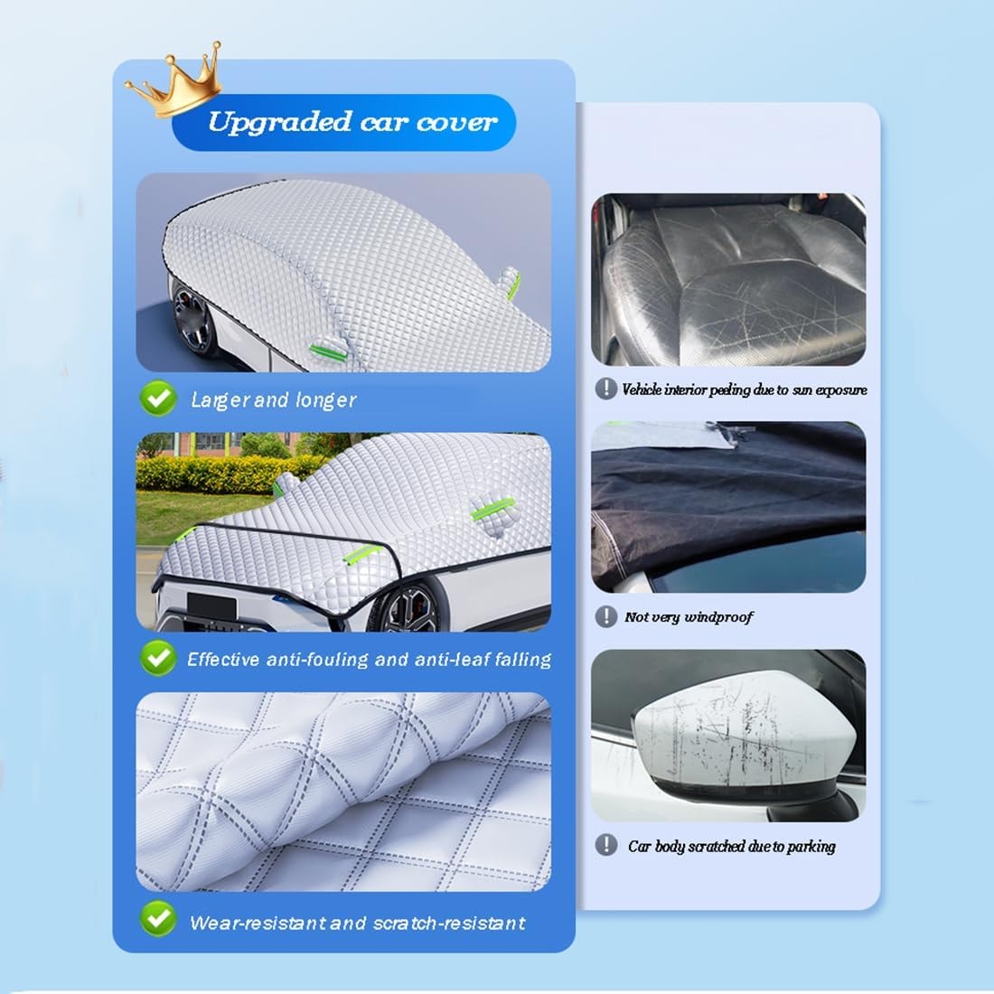 Quilted Half Car Cover Waterproof Roof and Window Protector with Mirror Covers
