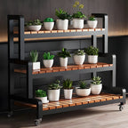 Tiered Plant Stand with Wheels Rolling Wooden Plant Shelf with Metal Frame Indoor Flower Pot Display Rack for Living Room | Conservatory and Office