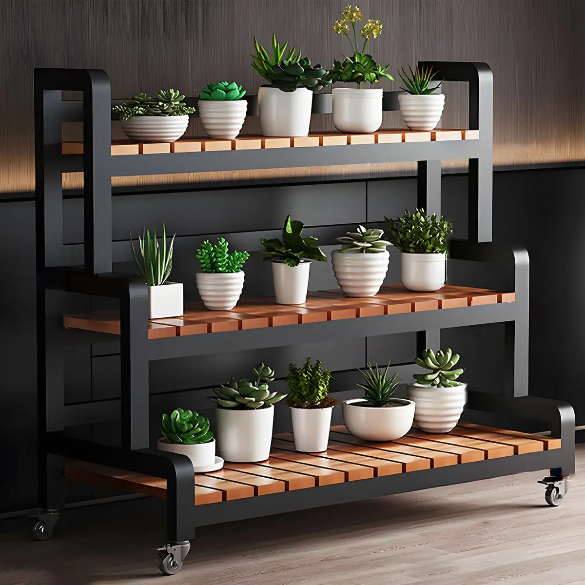 Tiered Plant Stand with Wheels Rolling Wooden Plant Shelf with Metal Frame Indoor Flower Pot Display Rack for Living Room | Conservatory and Office
