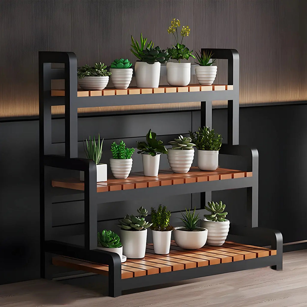 Tiered Plant Stand with Wheels Rolling Wooden Plant Shelf with Metal Frame Indoor Flower Pot Display Rack for Living Room | Conservatory and Office