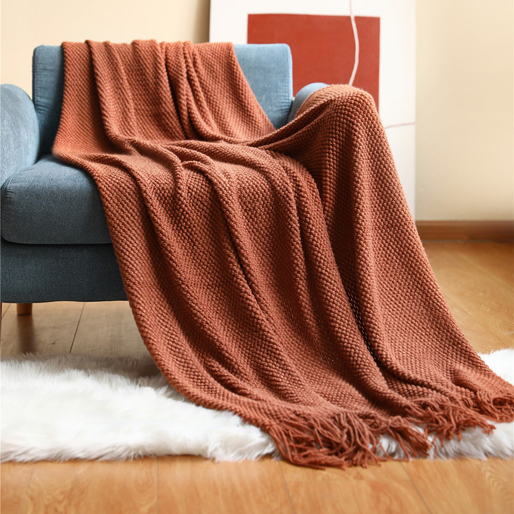 Knitted Throw Blanket with Tassels Soft Acrylic Waffle Knit Sofa Throw Lightweight Bed Blanket for Living Room | Bedroom