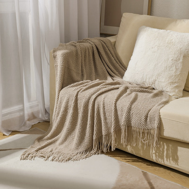Knitted Throw Blanket with Tassels Soft Acrylic Waffle Knit Sofa Throw Lightweight Bed Blanket for Living Room | Bedroom