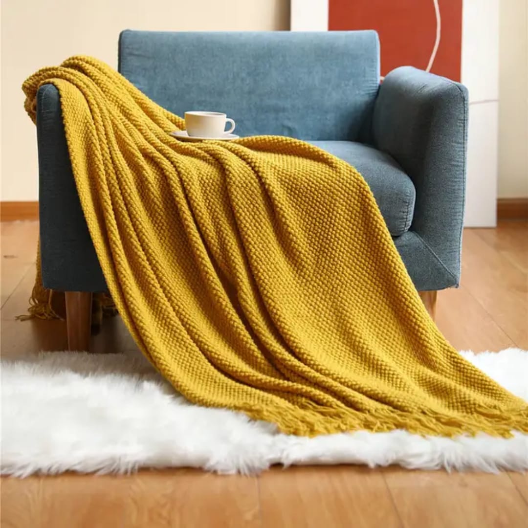 Knitted Throw Blanket with Tassels Soft Acrylic Waffle Knit Sofa Throw Lightweight Bed Blanket for Living Room | Bedroom