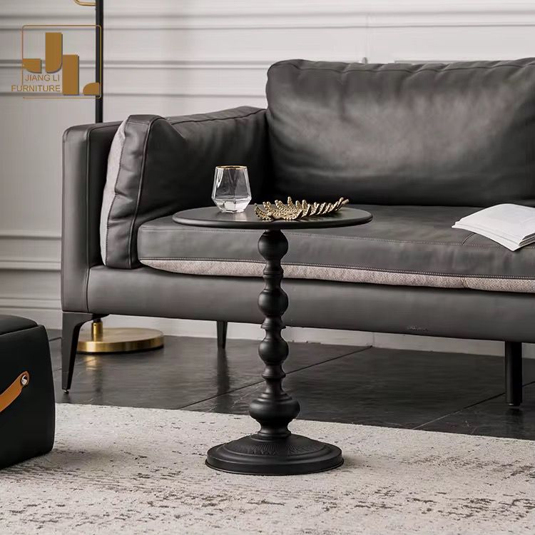 Round Iron Pedestal Side Table Black Retro Turned Base Bedside Table Small Accent Coffee Table for Living Room | Bedroom and Reading Corner