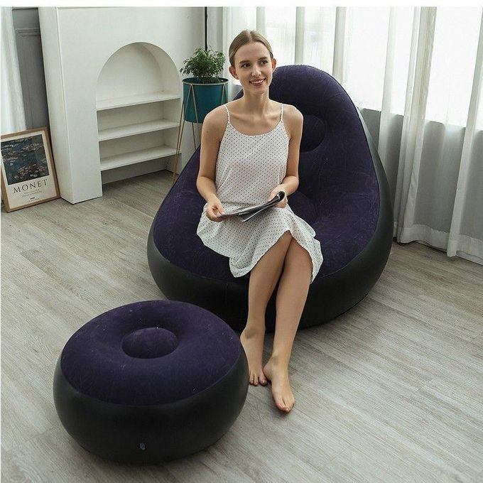 Inflatable Lounge Chair with Footstool Flocked Air Sofa Set with Hand Pump Portable Lazy Chair for Living Room | Garden and Camping